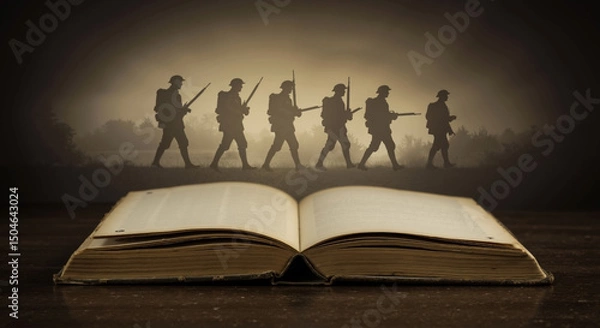 Fototapeta Open book on wooden table with silhouettes of soldiers marching in foggy battlefield. Historical war narrative with troops carrying rifles and flag in misty landscape. Memory preservation