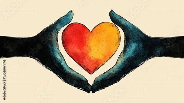 Fototapeta Two artistic hands forming a heart shape, symbolizing love and connection, with a soft background