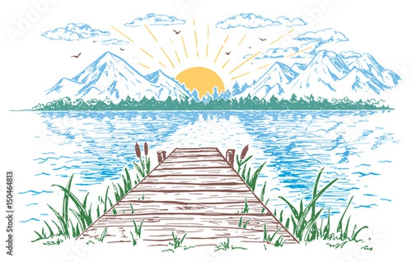 Fototapeta Rising sun on the lake, landscape with a bridge. Hand-drawn vintage illustration. Sketch in the open air isolated on white background