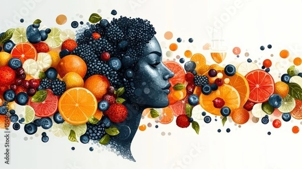 Fototapeta Artistic representation of a woman?s profile intertwined with vibrant fruits and foliage