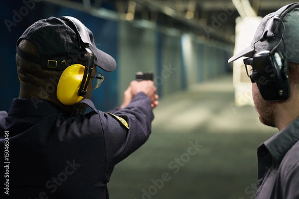 Fototapeta Person practicing shooting at indoor shooting range with handgun while wearing ear and eye protection. Indoor environment with professional equipment visible in background