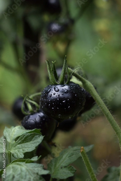 Obraz A ripe black tomato with drips after rain grows on a bush in the garden. Agriculture