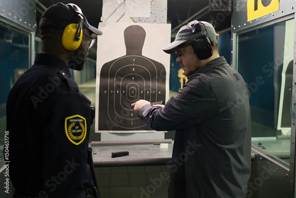 Fototapeta Law enforcement officer instructing a person at indoor shooting range showing proper shooting techniques and safety procedures. Target silhouette visible in background