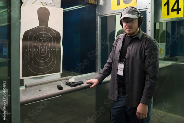 Fototapeta Man practicing shooting at indoor firing range wearing protective gear and serious expression while standing near firearm and target stand