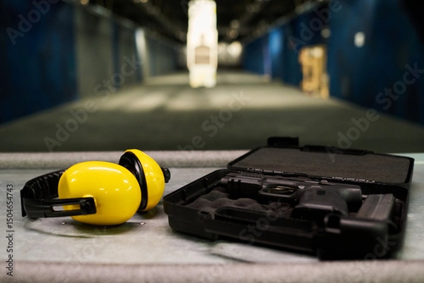 Fototapeta Shot of protective ear muffs and handgun placed on table inside shooting range. Background displays blurred targets and safety equipment
