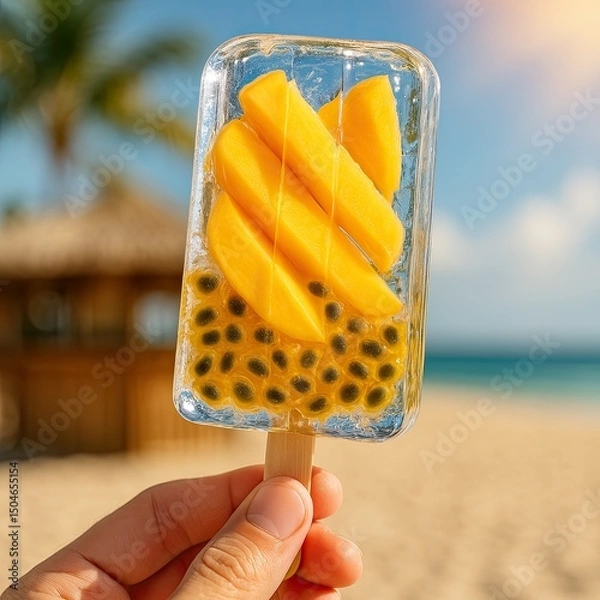 Obraz Tropical fruit popsicle with fresh mango slices and passion fruit seeds in crystal-clear ice held against a sunny beach background, perfect for summer ads, exotic food packaging, and vacation