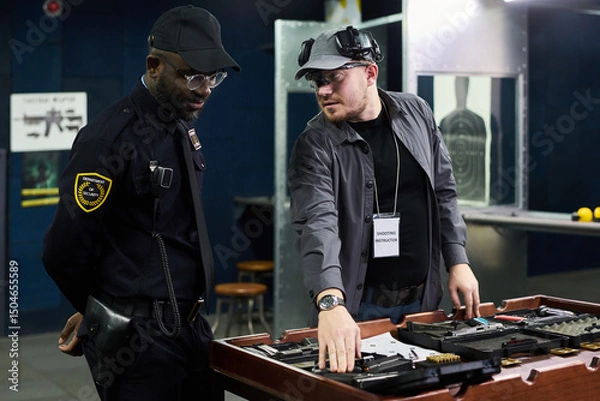 Fototapeta Security professionals discussing in control room with various equipment placed on table. One man demonstrating security gear while another observing and listening attentively