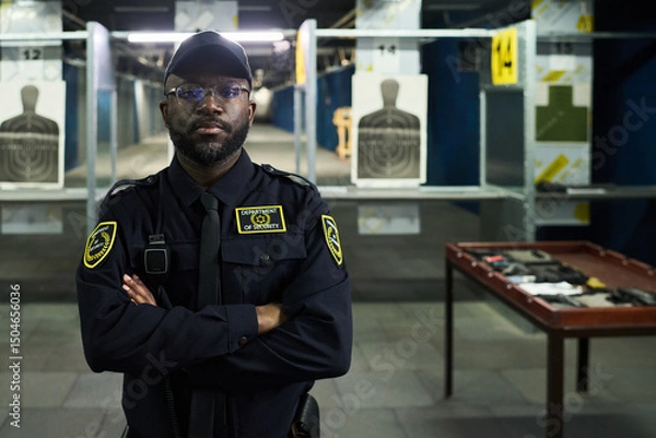 Fototapeta Portrait of African American security guard standing confidently with arms crossed at indoor shooting range. Targets and firearm training equipment visible in background