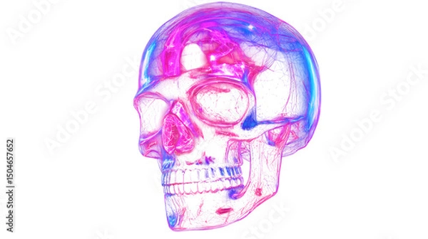 Fototapeta Holographic NFT skull, neon glow, futuristic cyberpunk aesthetic, isolated on transparent background