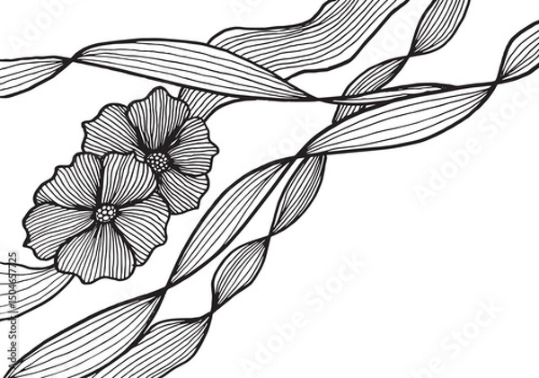 Fototapeta Card or poster with two large hand-drawn flowers and several leaves arranged diagonally. Elegant botanical illustration with detailed linear texture, ideal for decorative or natural-themed designs