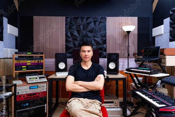 Obraz asian professional male music producer, sound engineer, songwriter, arranger, composer posing in home recording studio. music production concept