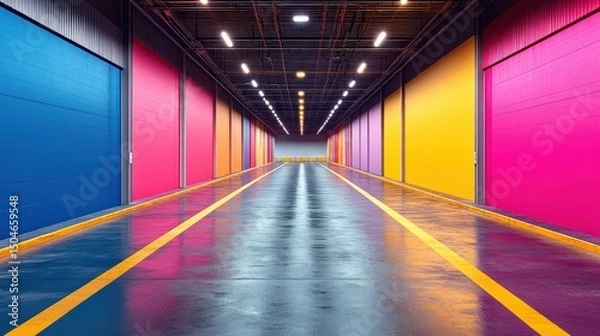 Fototapeta Vibrant industrial space with colorful walls and reflective flooring