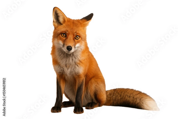 Fototapeta Red fox sitting and looking forward on white or transparent background