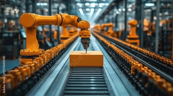 Fototapeta Robotic arm assembling packages on a conveyor belt in a modern factory setting