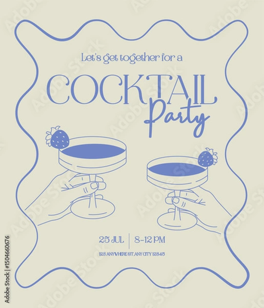 Obraz Stylish cocktail party invitation with two hands holding glasses, minimalist blue line art on light background. Perfect for summer events, posters, flyers, and social media.
