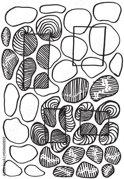 Fototapeta Card or poster with hand-drawn textured background featuring abstract hatched oval shapes and transparent rectangles. Artistic design with layered  textures, blending geometry and organic elements