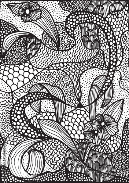 Fototapeta Card or poster with hand-drawn textured background featuring abstract shapes, fantasy-inspired textures, floral patterns, and sand-like elements, decorative design suitable for creative projects