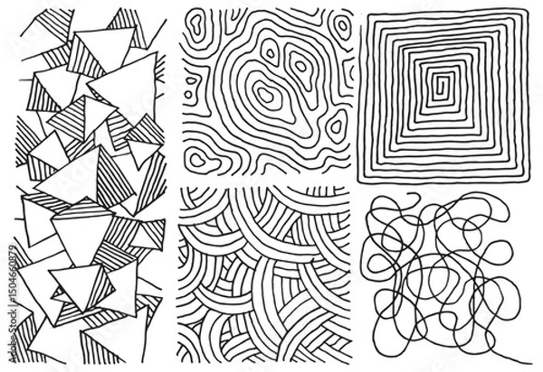 Obraz Set of hand drawn patterns or textures, tangled line, diamonds and triangles, square spiral, curved lines, topographic lines