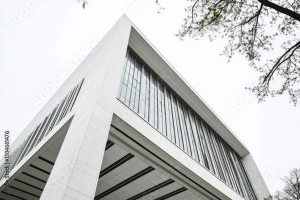 Fototapeta Modern architectural building with distinctive angles and large glass facades