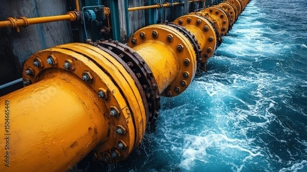 Fototapeta Industrial water pipeline with vibrant yellow color against dynamic blue waves