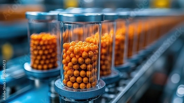 Fototapeta Vibrant orange spheres in transparent containers on production line
