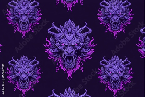 Obraz Seamless pattern of purple wolf heads with glowing eyes on a dark background repeated symmetrically