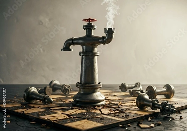 Obraz Conceptual chess scene with industrial pipe as king amid fallen metal pieces on broken board