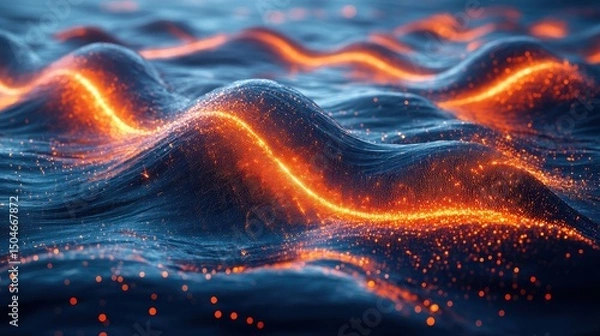 Fototapeta Dynamic fluid waves with glowing lines and particles in dark background
