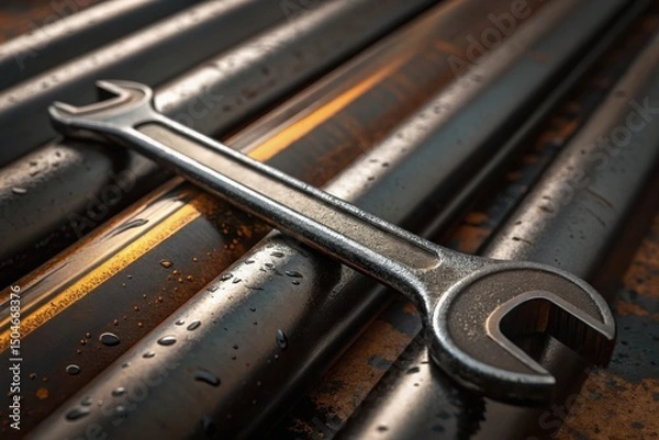 Fototapeta Detection Systems in the Oil Industry Concept, A close-up of a shiny wrench resting on metallic pipes with Oil stains.