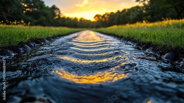 Fototapeta Tranquil stream at sunset with reflection of golden light and lush greenery