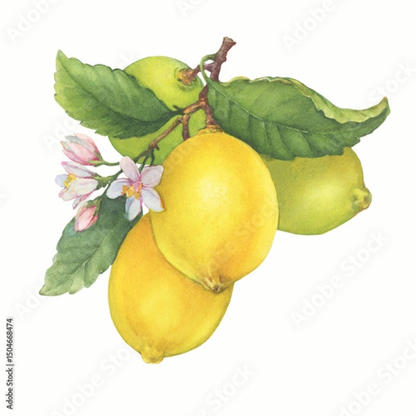 Fototapeta Fresh citrus yellow lemons fruit. Lemon tree branch with green leaves and flowers. Watercolor hand-drawn illustration on white background