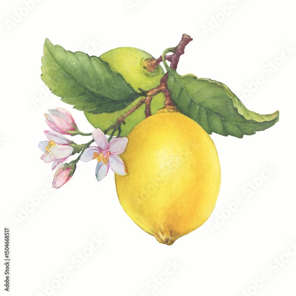 Fototapeta Fresh citrus yellow lemon fruit. Lemon tree branch with green leaves and flowers. Watercolor hand-drawn illustration on white background