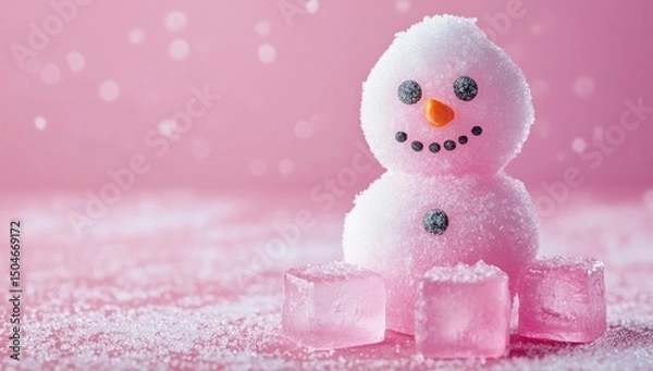 Fototapeta snowman on snowy background with ice cubes and pink reflection. Season greetings concept