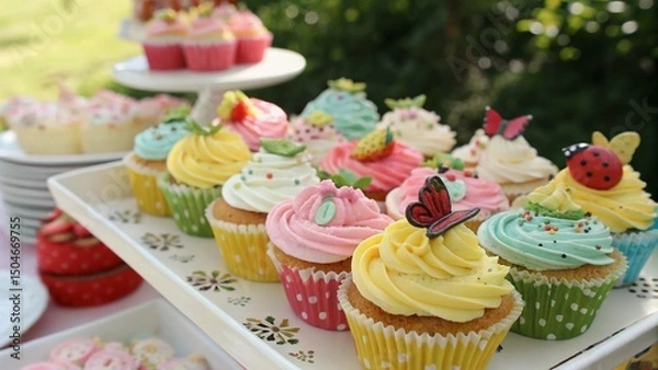 Obraz Decorated cupcakes with cream for a party outdoors. 