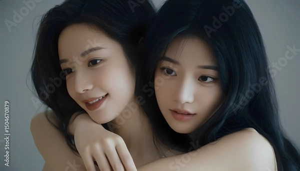 Obraz Two Young Women Embracing with Soft Expressions Indoors