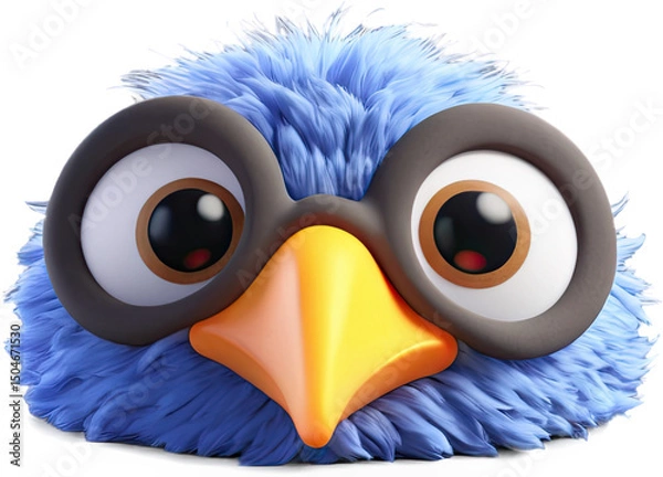 Fototapeta Close-up of a blue, cartoonish bird with large, googly eyes and wearing round spectacles.