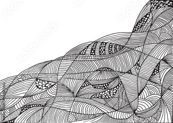 Obraz Abstract black doodle border on white background with tangled hand-drawn lines. Intricate sketch style with empty space in the upper left corner for text or design. Ideal for  posters, cards