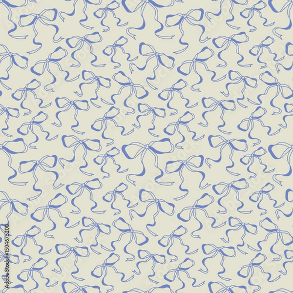 Fototapeta Seamless pattern with blue ribbon bows on light background. Minimalist hand-drawn style. Perfect for wrapping paper, fabric, textiles, decor, and festive design projects.
