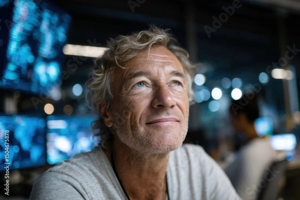Fototapeta This thoughtful image portrays a man reflecting on future possibilities while surrounded by advanced technology, exploring concepts of innovation and personal aspirations.