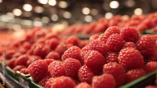 Obraz Juicy raspberry on display at supermarket fruit stand
