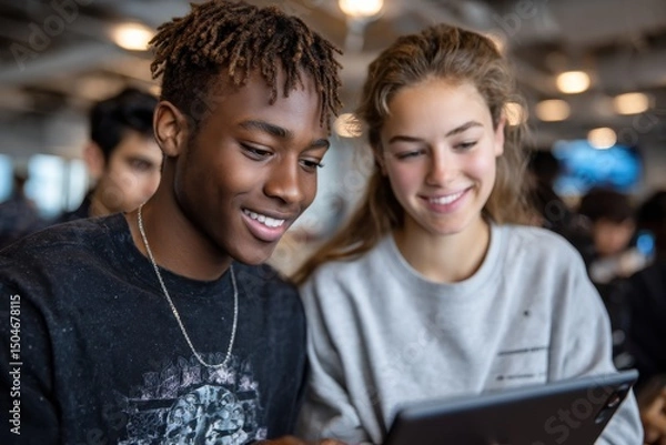 Fototapeta Two smiling teenagers collaborating on a tablet at a vibrant workspace, illustrating the power of teamwork, technology, and youthful creativity in a modern educational setting.
