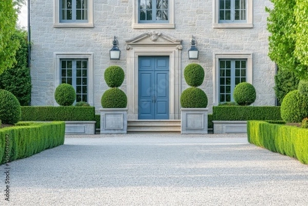 Fototapeta The stunning front entrance of an opulent home showcases meticulous hedges and a charming gravel driveway, all illuminated by the bright daylight