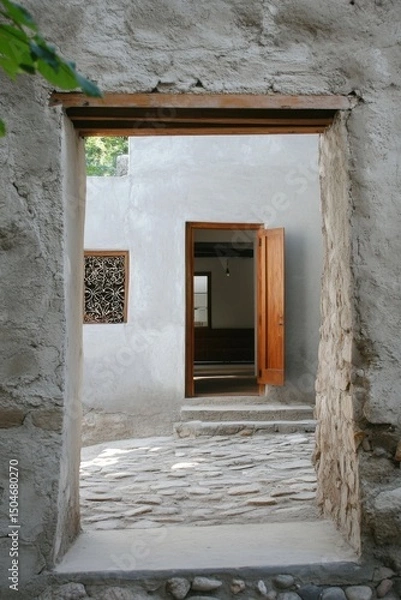 Fototapeta The stunning architectural elegance of a contemporary interior is beautifully revealed through an open doorway set within a rustic stone wall, illuminated by daylight