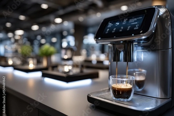 Fototapeta A sleek and modern coffee machine is brewing a fresh espresso shot, showcasing its advanced technology and design in a stylish café setting with warm lighting.