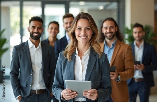 Fototapeta Diverse business team smiles, looks at the camera. Group of young people wearing suits in office. Happy corporate coworkers teamwork collaboration business concept.