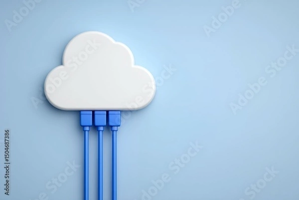 Fototapeta Conceptual cloud computing with white cloud and blue cables on light blue background