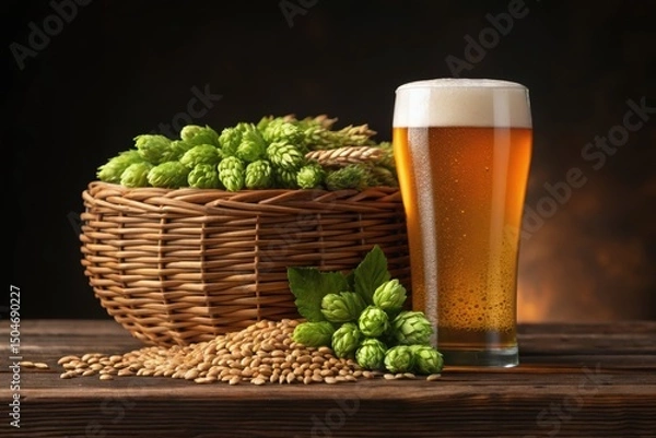 Fototapeta Craft Beer Culture with Local Ingredients and Authentic Flavors Concept, A refreshing pint of beer with hops and barley in a rustic setting.