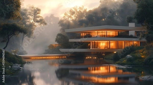 Obraz Mystical Twilight Vision of the Valipini House in a Serene Landscape with Digital Abstract and Classical Artistic Influences