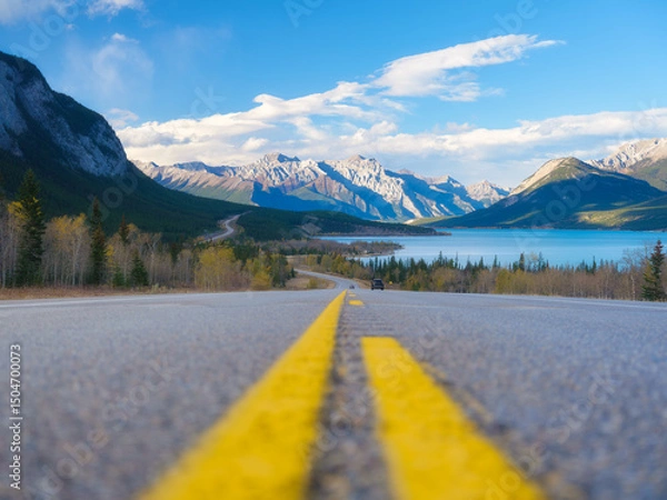Fototapeta Asphalt road. High mountains on the horizon. The direction of travel. Vacation and traveling by car. Wallpaper, background, postcard. Nature and infrastructure.