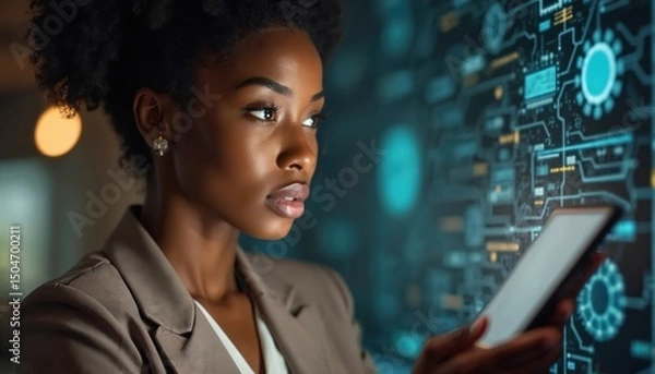 Fototapeta Black woman using tablet with tech background. Innovative future, tech startup, business, website, app development, modern graphic design. Digital enterprise resource planning, code, network,